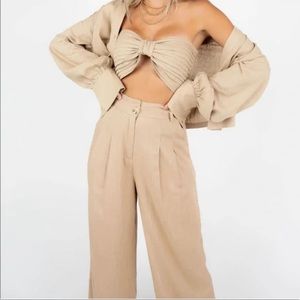 Kittenish Tan High Waist Linen Wide Leg Pants/ Trousers size Large